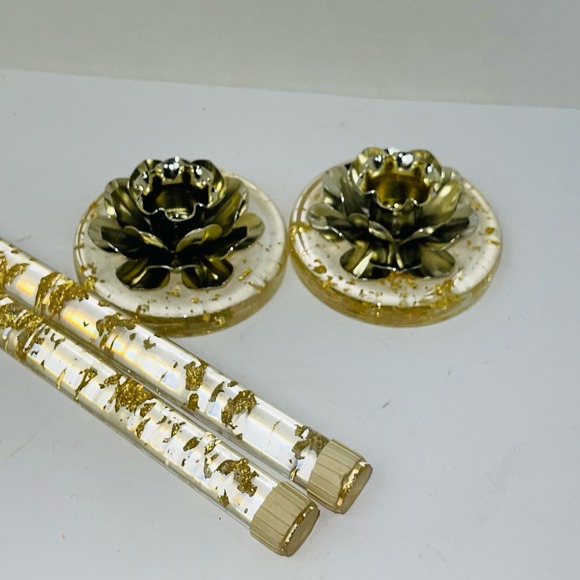 Lot 2 Lucite 12" Candles AND Candleholders gold flakes Enchanto Co of California - Picture 6 of 12